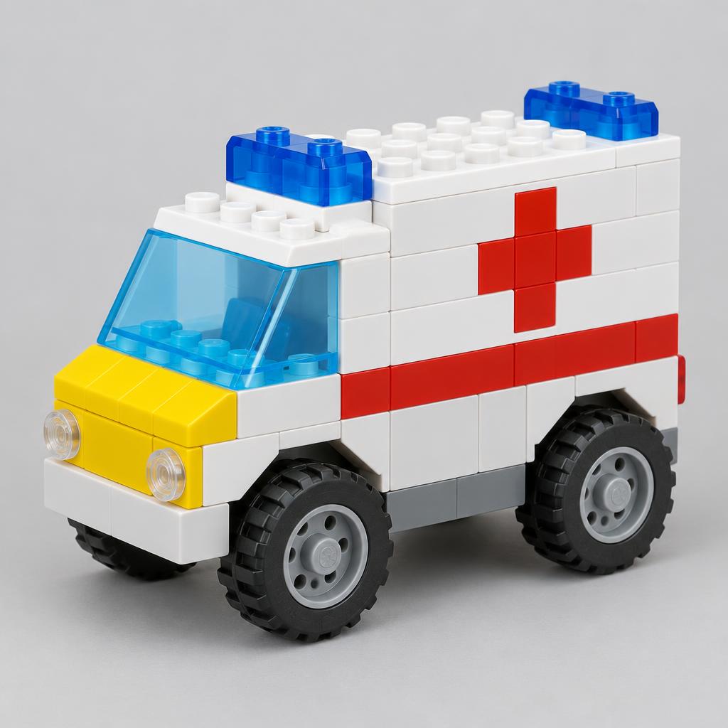 Exempel på en klossambulans med hjul, blåljus och röda detaljer